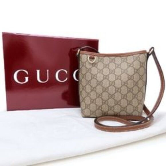 GUCCI GG Emblem Nano Bucket Bag 847090 Supreme Canvas/Leather Beige Brown - Picture 4 of 6